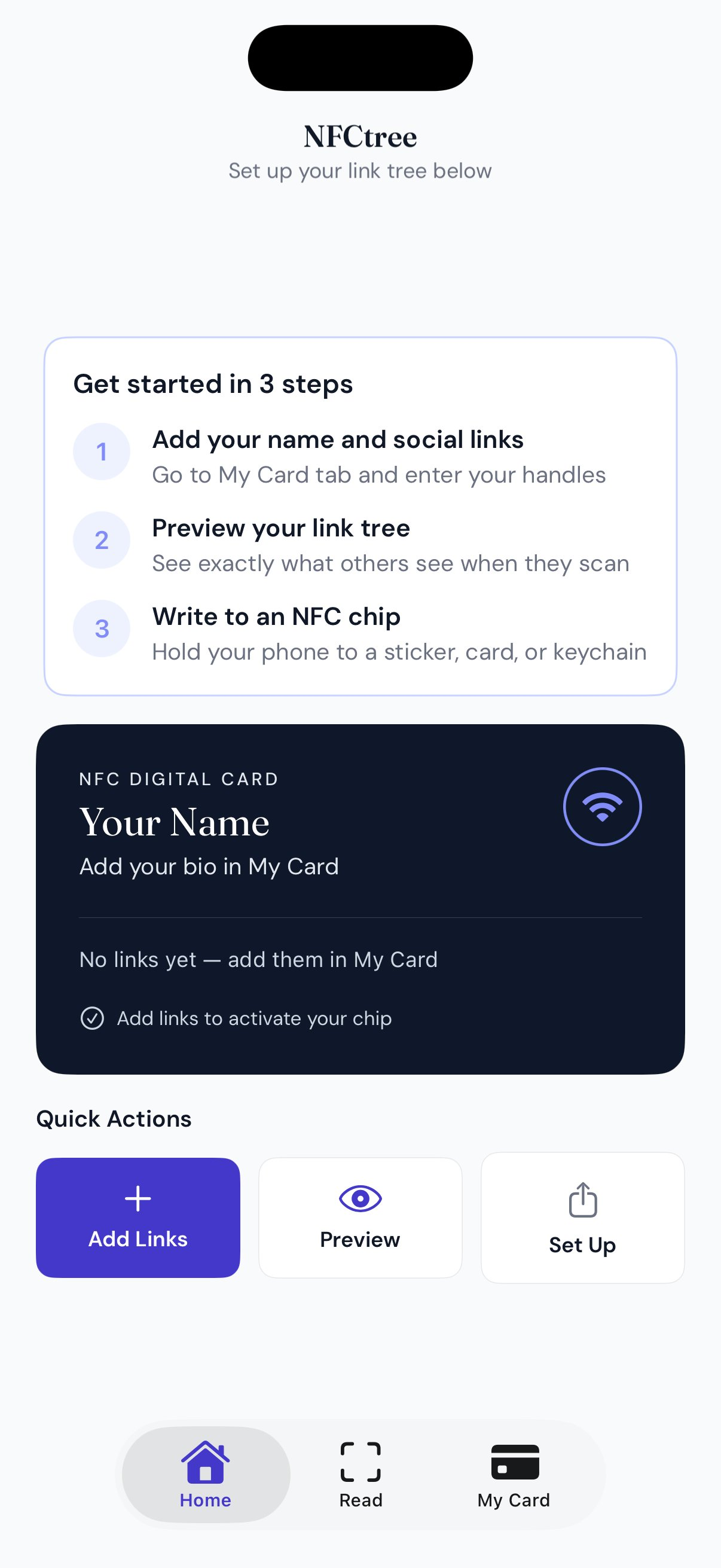 NFCtree home screen showing link tree builder with 3-step setup guide