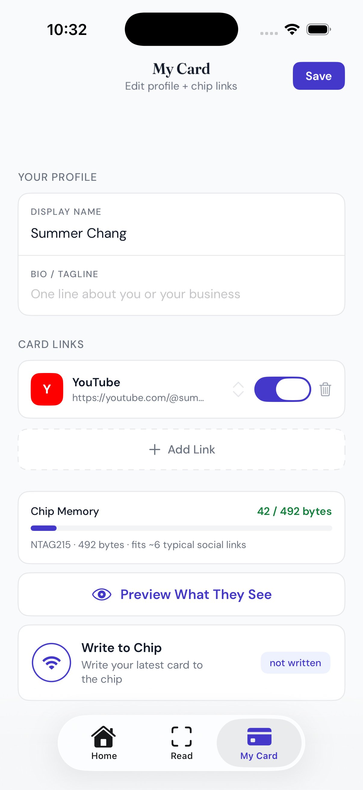 My Card screen showing YouTube link added with chip memory tracker