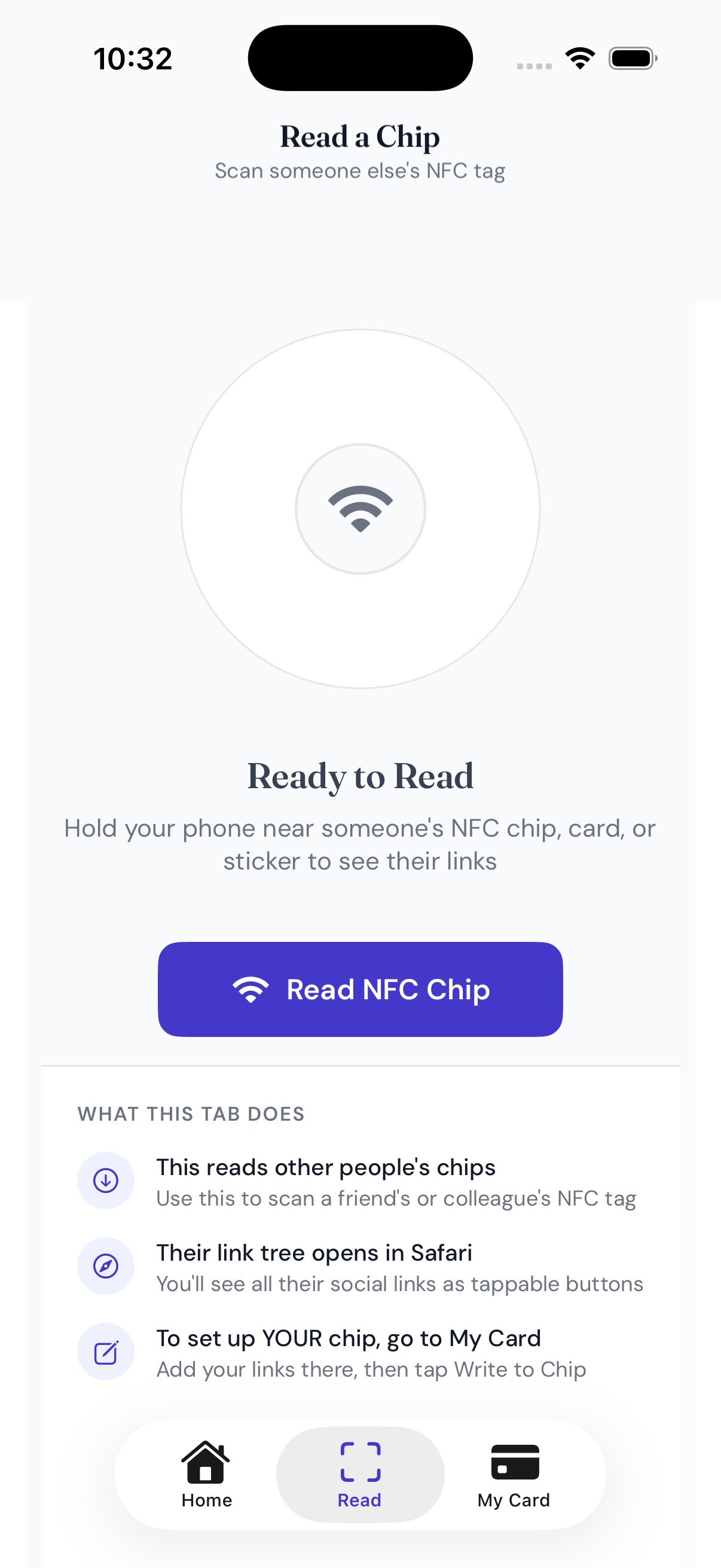 Read a Chip screen with NFC scan animation